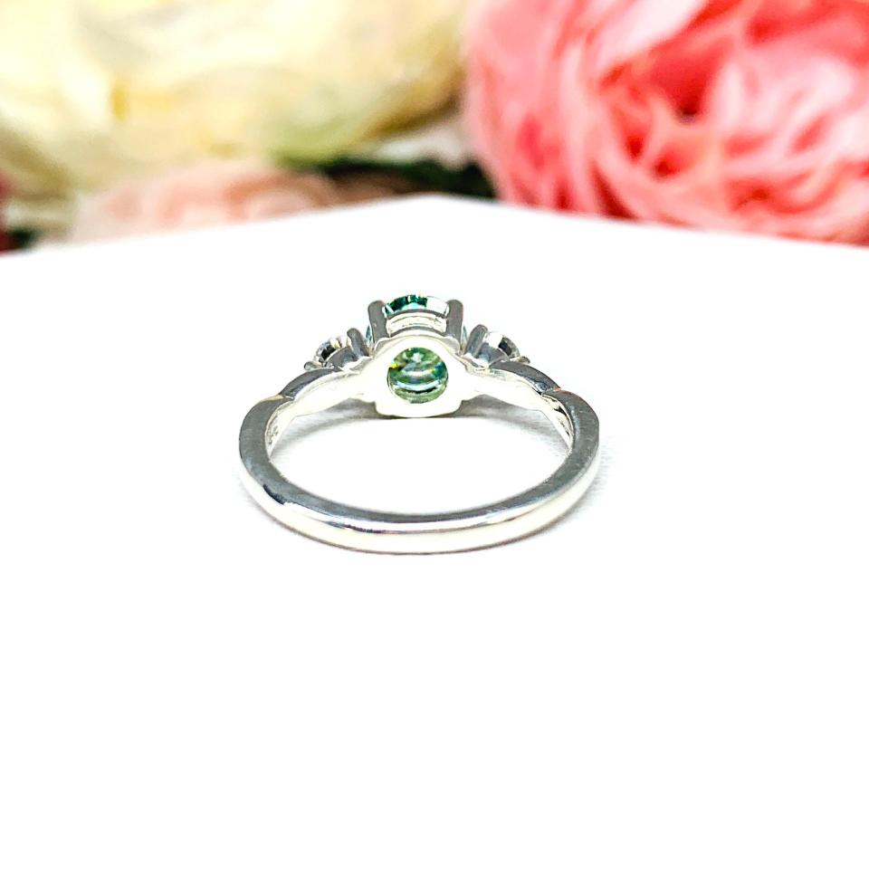 Round Seafoam Green Moissanite 3 Stone Sterling Silver Ring Milgrain Twist Authentic