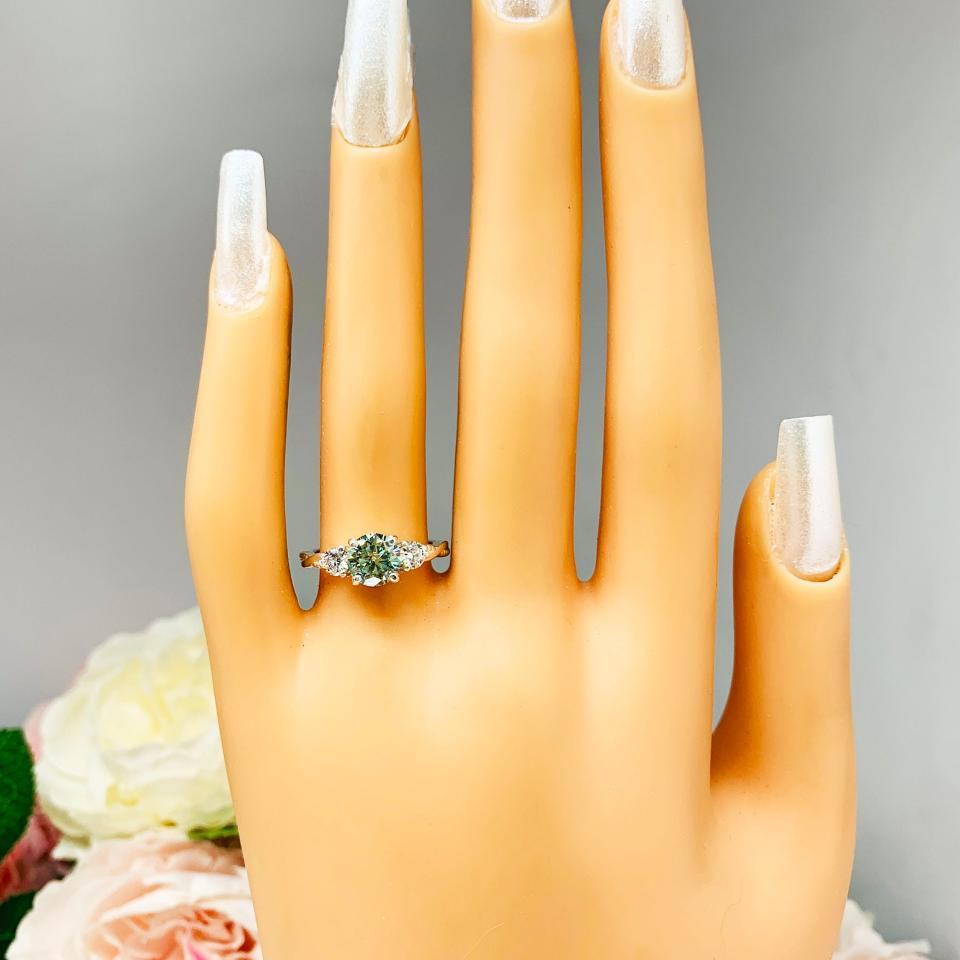 Round Seafoam Green Moissanite 3 Stone Sterling Silver Ring Milgrain Twist Authentic
