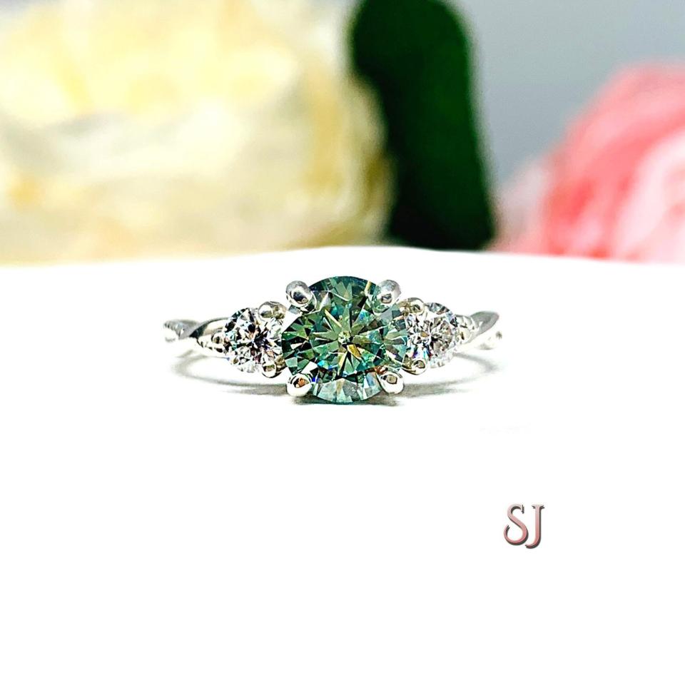 Round Seafoam Green Moissanite 3 Stone Sterling Silver Ring Milgrain Twist Authentic