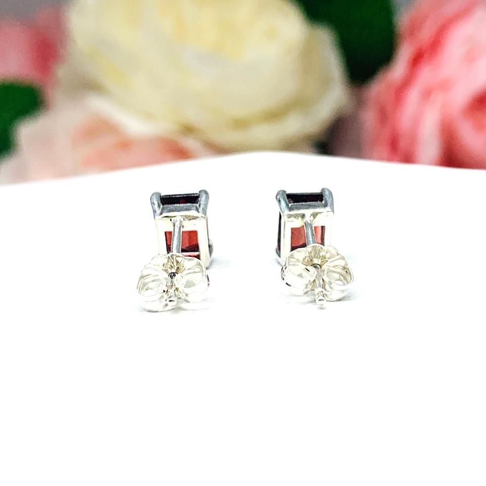 Red Garnet Emerald Cut Stud Earrings - Mozambique garnet gems - Sterling silver basket settings - January birthstone gift