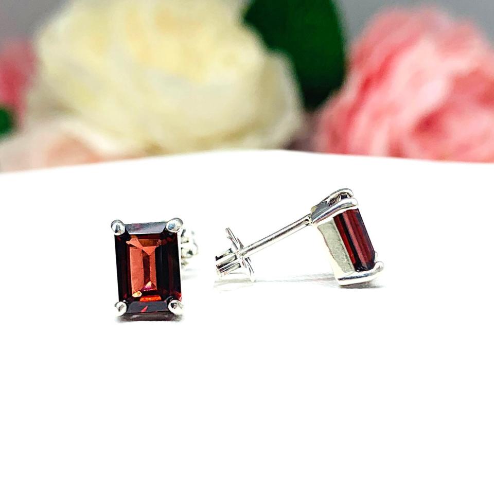 Red Garnet Emerald Cut Stud Earrings - Mozambique garnet gems - Sterling silver basket settings - January birthstone gift