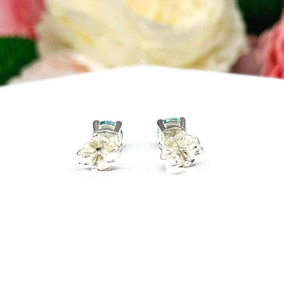 Aquamarine Blue Moissanite Stud Earrings – 1 carat total weight – Round lab-grown stones in Sterling Silver or Gold Settings