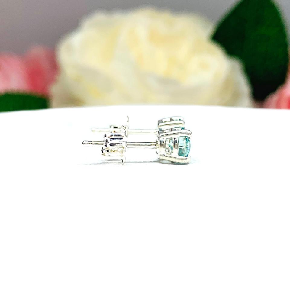 Aquamarine Blue Moissanite Stud Earrings – 1 carat total weight – Round lab-grown stones in Sterling Silver or Gold Settings
