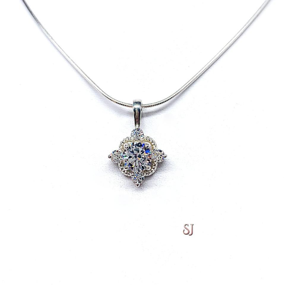 Round CZ Pendant - Antique art deco sterling silver necklace - Three size options