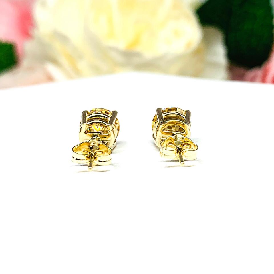 Champagne Moissanite 14k Gold Stud Earrings - 6.5mm, 7mm round authentic stones