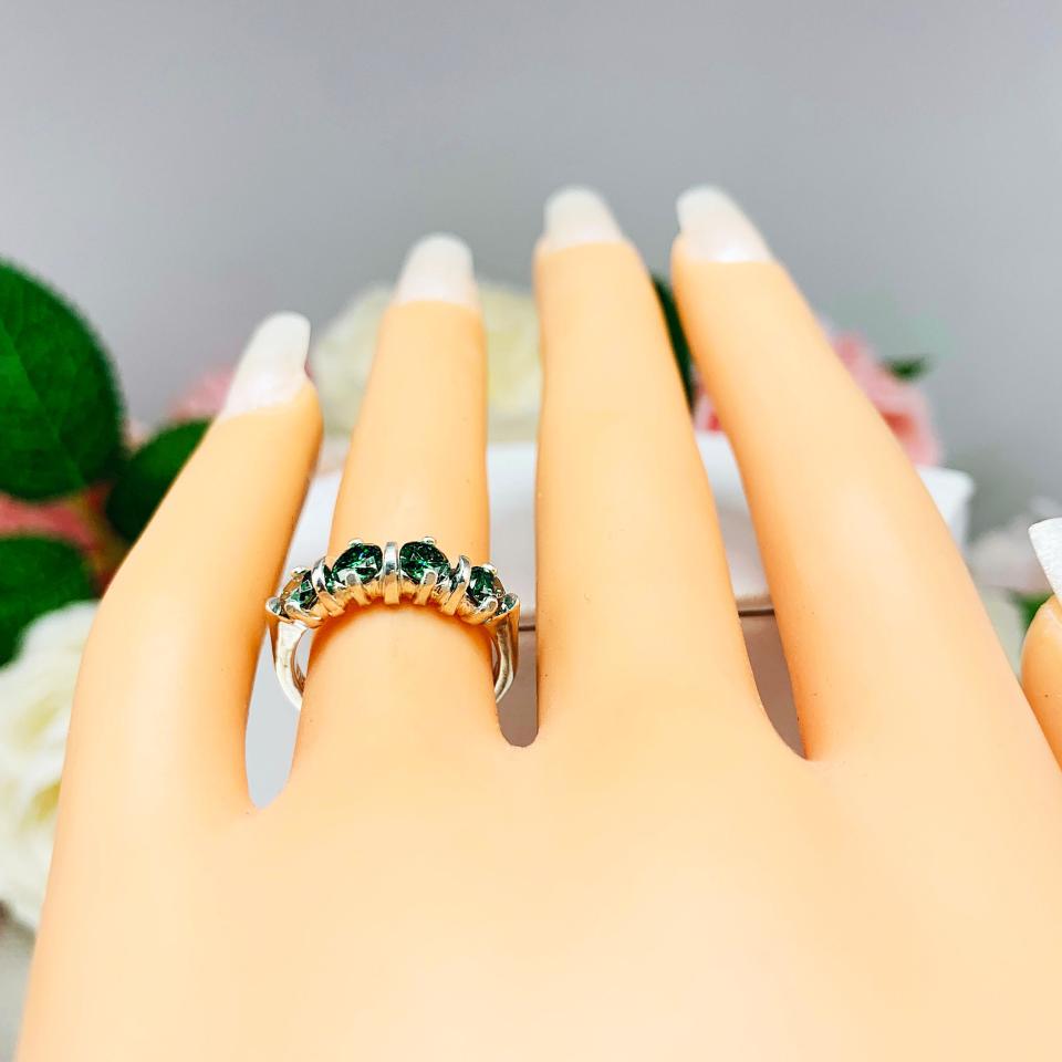 Emerald Green Moissanite Ring – 4 Stone Sterling Silver Band – Genuine Moissanites