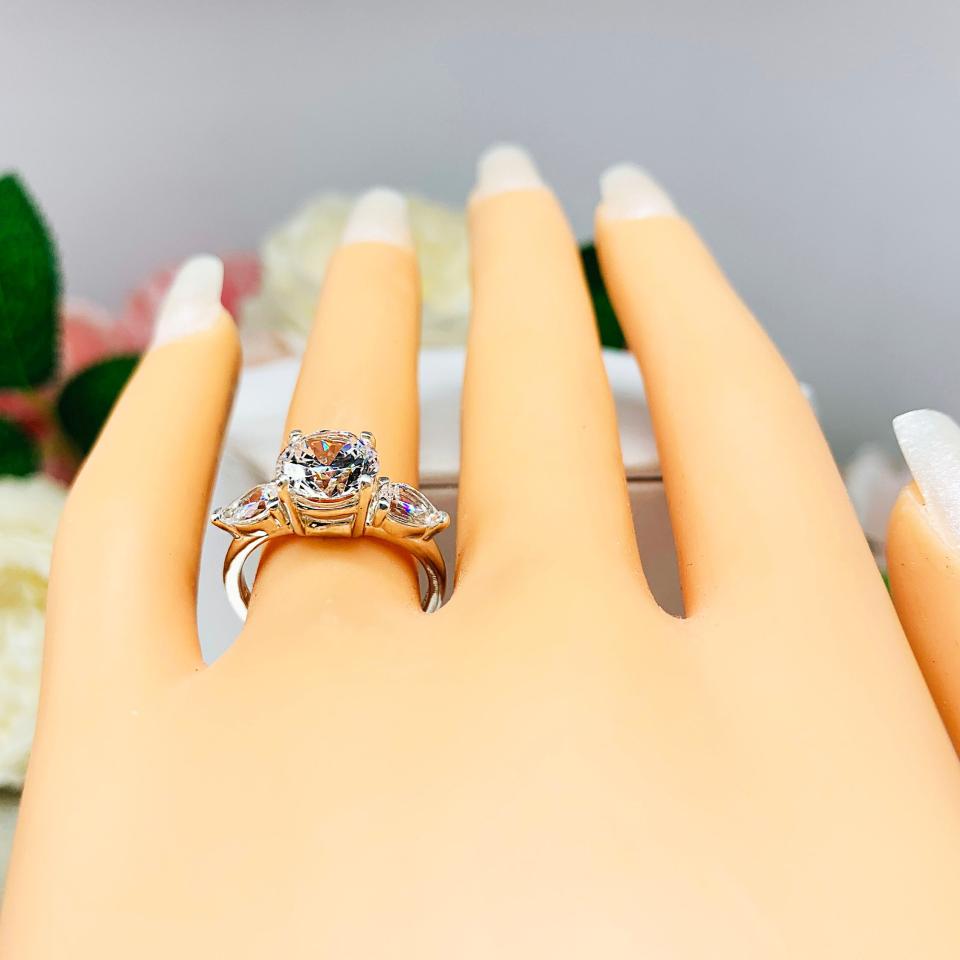Round CZ Pear Three Stone Engagement Ring 8mm or 10mm Center