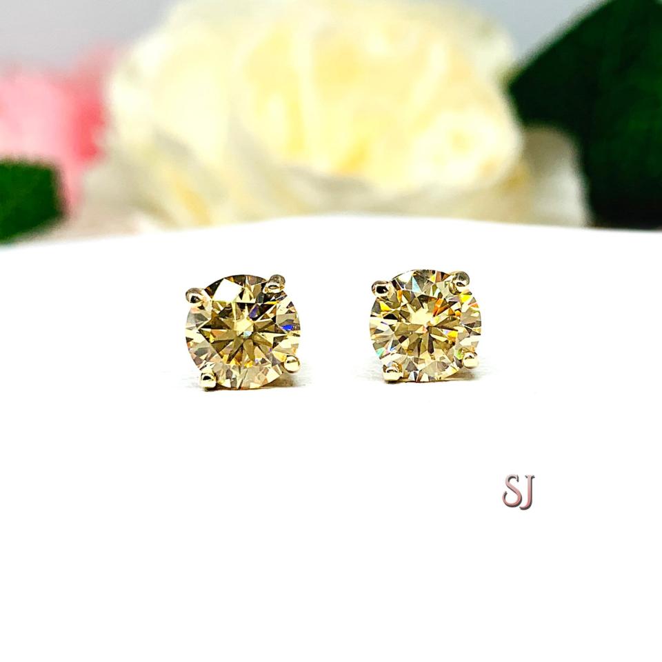 Champagne Moissanite 14k Gold Stud Earrings - 6.5mm, 7mm round authentic stones