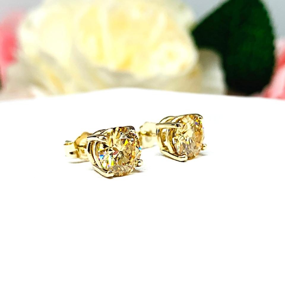 Champagne Moissanite 14k Gold Stud Earrings - 6.5mm, 7mm round authentic stones