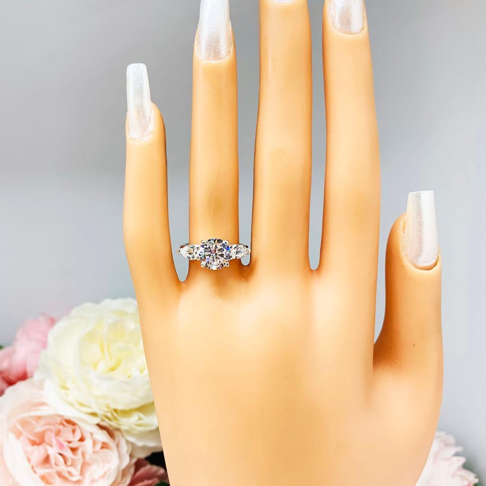 Round CZ Pear Three Stone Engagement Ring 8mm or 10mm Center