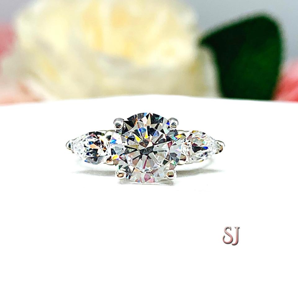Round CZ Pear Three Stone Engagement Ring 8mm or 10mm Center
