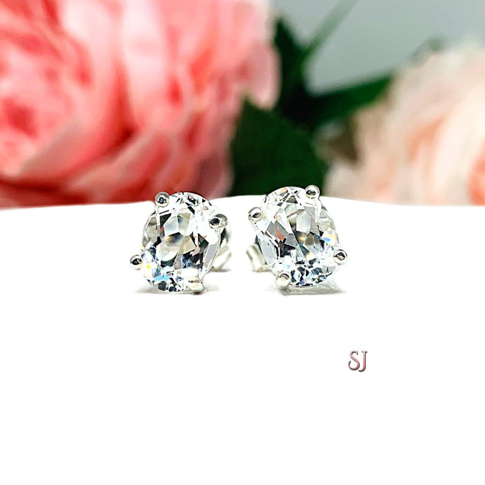 Natural White Topaz Oval Stud Earrings
