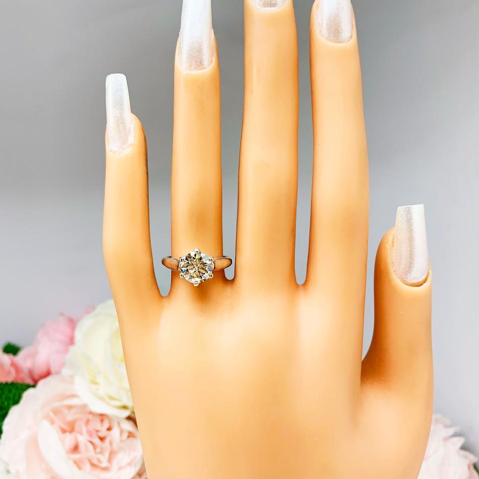 Light Champagne Moissanite Engagement Ring – 6 Prong Trellis – Sterling Silver – 6.5mm to 9mm Stone Options