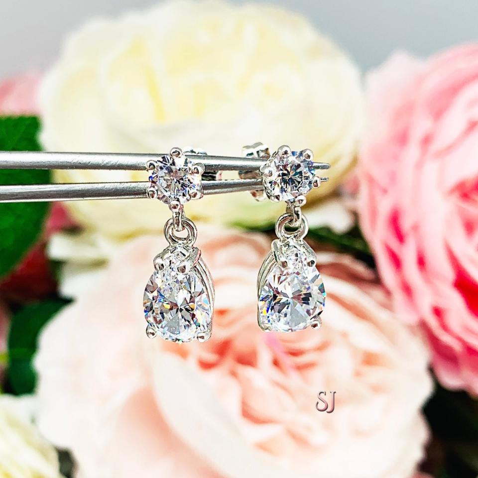 Round Pear CZ Six Prong Drop Earrings