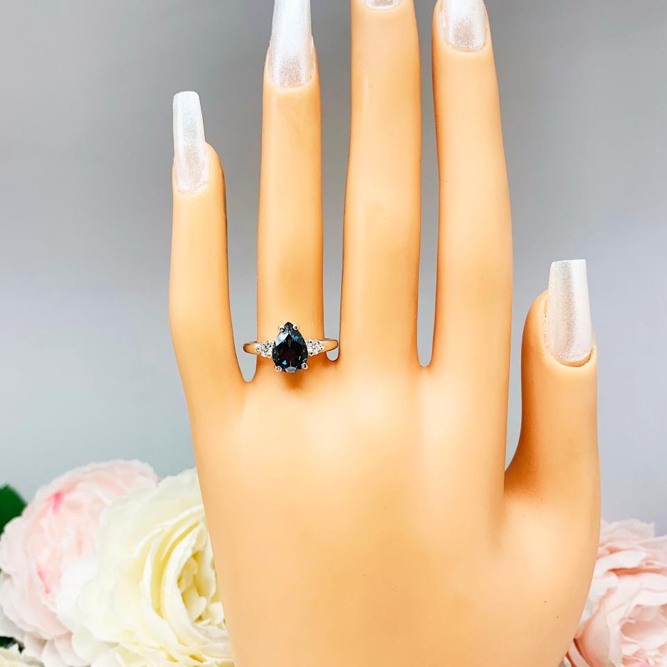 London Blue Topaz Pear Ring – 10x7mm, 12x8mm, Moissanite Accents, Sterling Silver