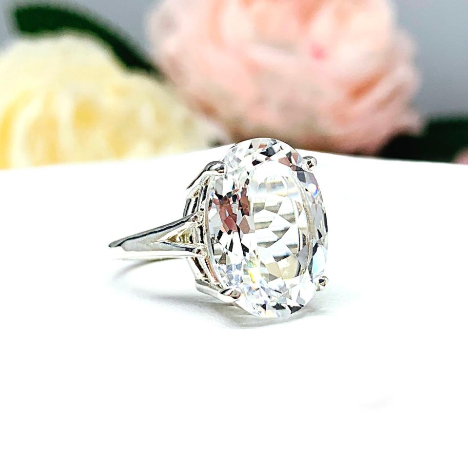 Natural White Topaz Oval Solitaire Ring - Sterling silver split shank statement setting
