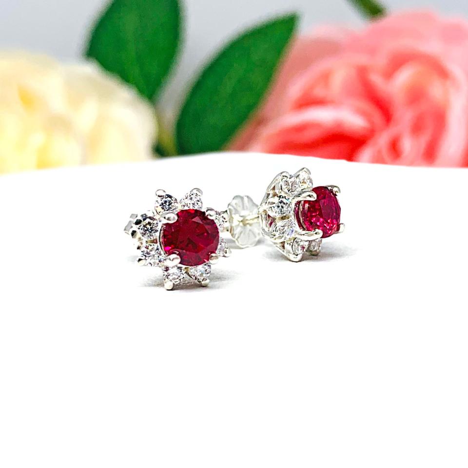 Round Lab Ruby CZ Halo Stud Earrings Sterling Silver