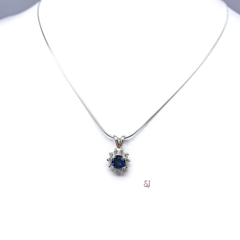 Round Lab Blue Sapphire CZ Halo Pendant - Sterling silver necklace - Three size options