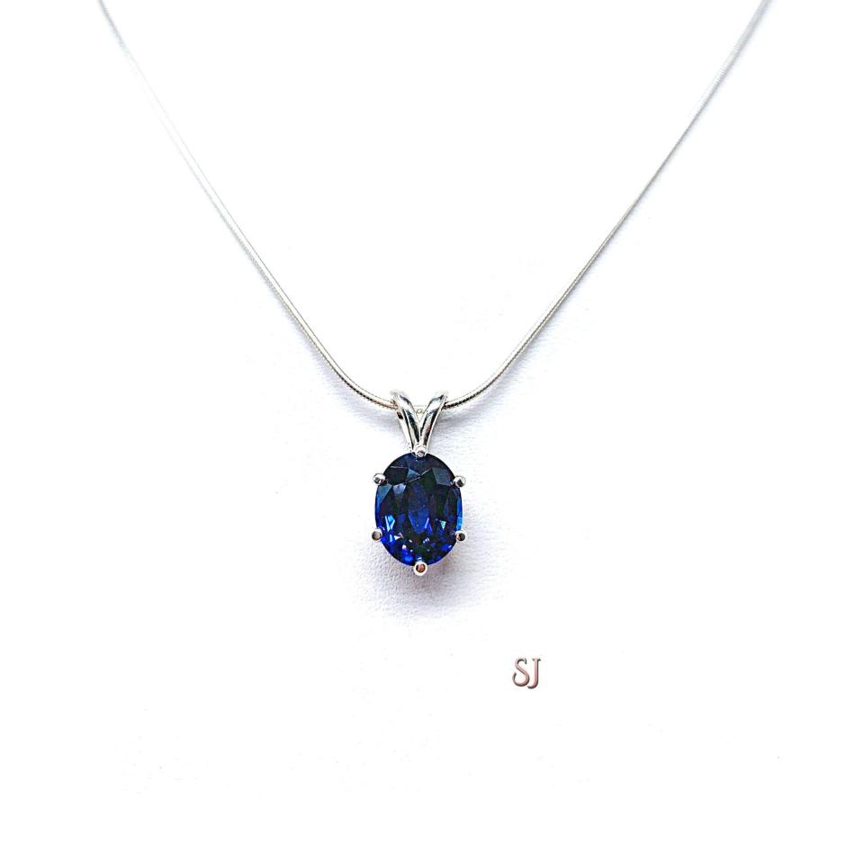 Oval Lab Blue Sapphire 6-Prong Pendant - Sterling silver necklace -  Three size options - September Birthstone