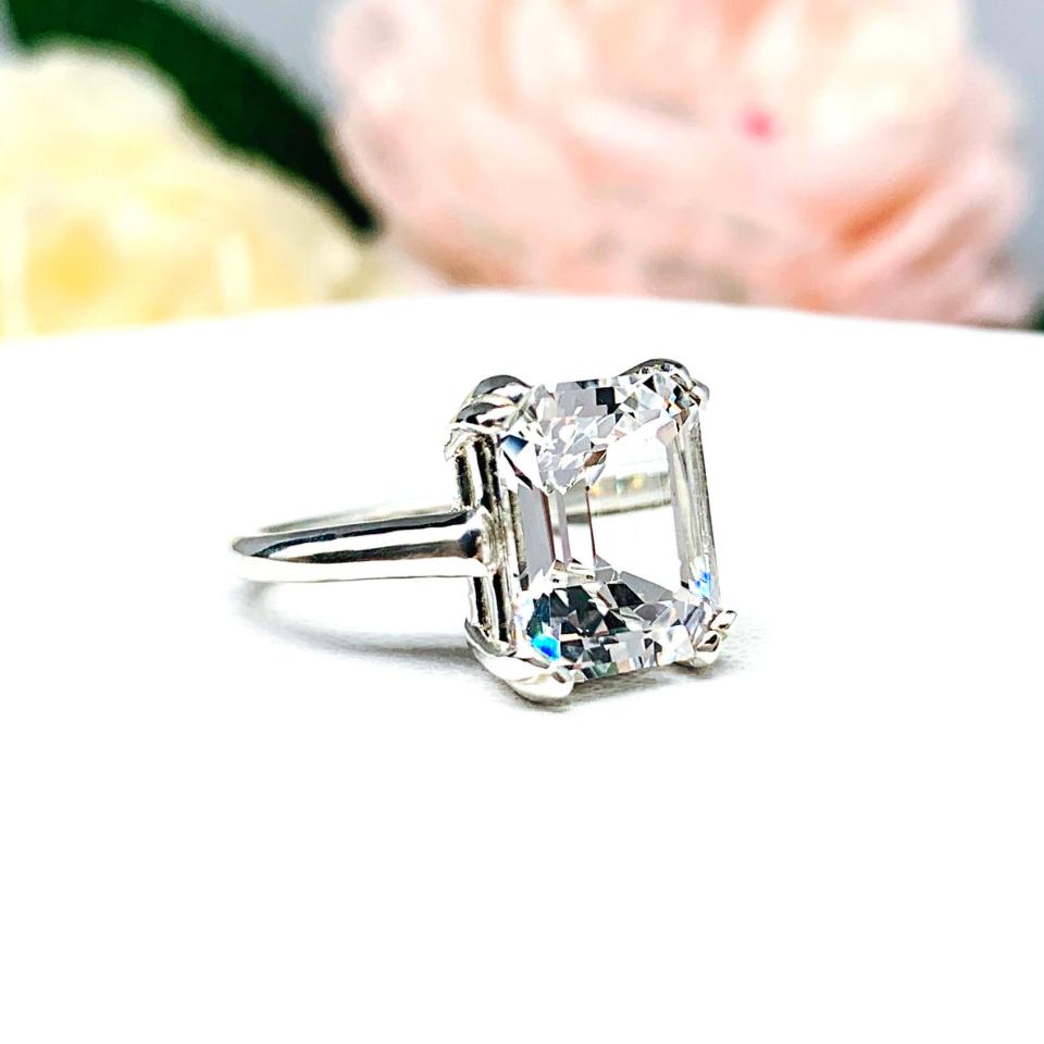 Lab White Sapphire Emerald Cut Ring Double Prong