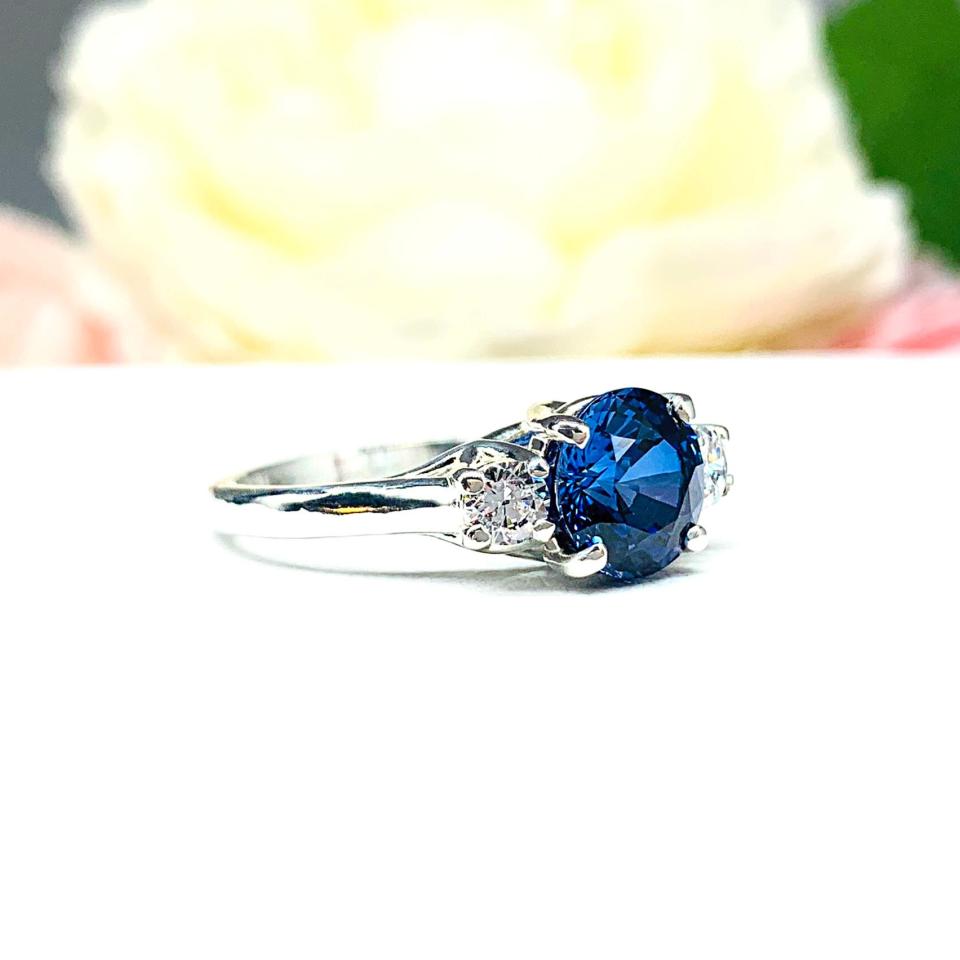 Lab Blue Sapphire & CZ Ring – 8mm Round, Sterling Silver