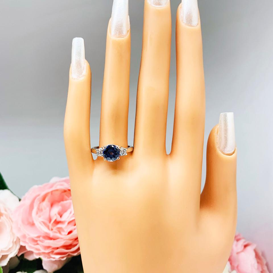 Lab Blue Sapphire & CZ Ring – 8mm Round, Sterling Silver