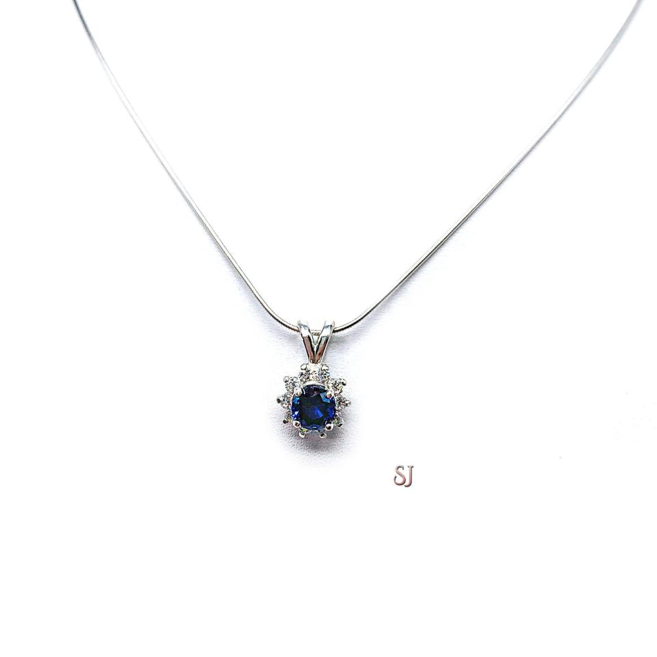 Round Lab Blue Sapphire CZ Halo Pendant - Sterling silver necklace - Three size options