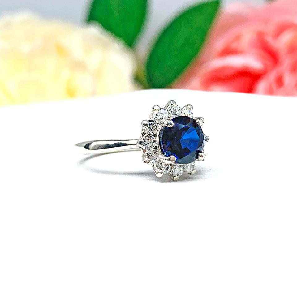 Round Lab Blue Sapphire CZ Halo Ring Sterling Silver