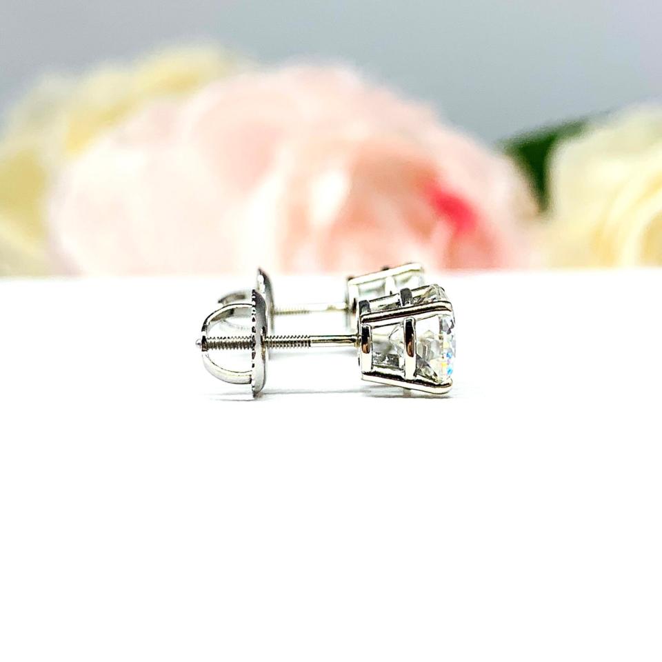 Round Portuguese Cut Moissanite Stud Earrings - 14k white gold screw back settings - Authentic stones 2 ct total