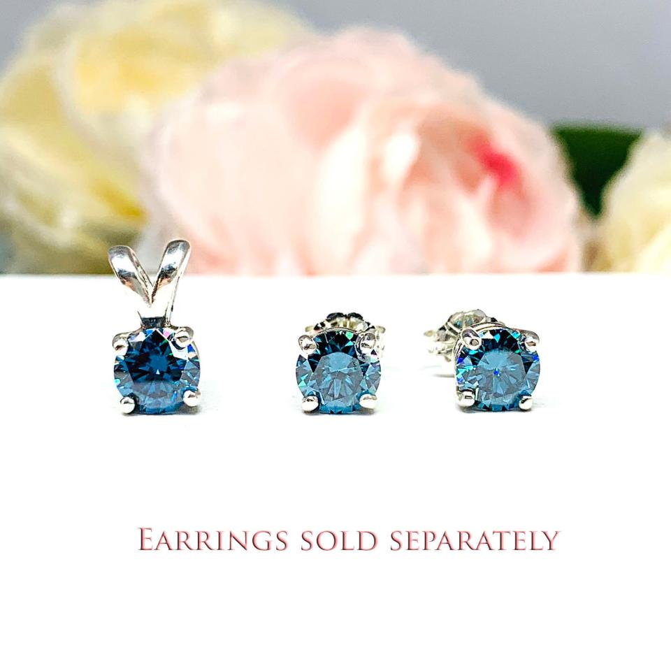 Teal Blue Moissanite Pendant - 6mm round lab grown peacock blue stone - Sterling silver necklace