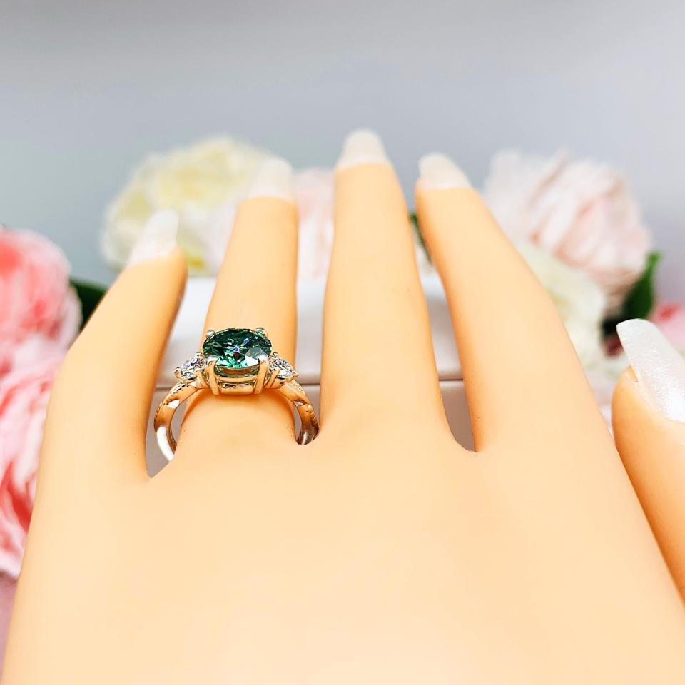 Green Moissanite 3 Stone Ring – Sterling Silver Milgrain Twist Band – White Moissanite Accents