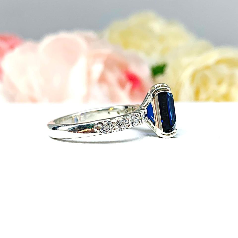 Lab Blue Sapphire Emerald Cut Engagement Ring CZ Pave Accents Sterling Silver Optional Matching Band