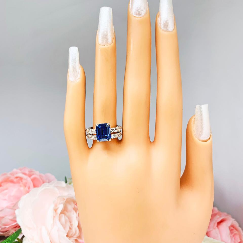 Lab Blue Sapphire Emerald Cut Engagement Ring CZ Pave Accents Sterling Silver Optional Matching Band