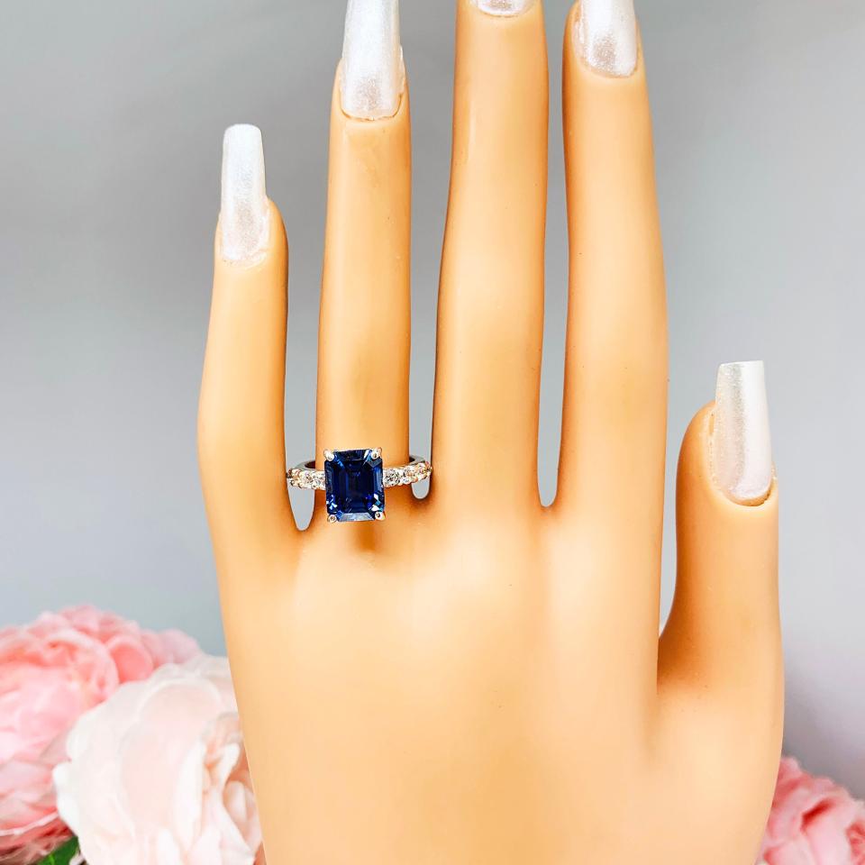 Lab Blue Sapphire Emerald Cut Engagement Ring CZ Pave Accents Sterling Silver Optional Matching Band