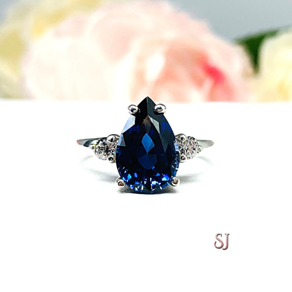 Lab Blue Sapphire Pear Ring – CZ Accents, 10x7mm, 12x8mm, Sterling Silver