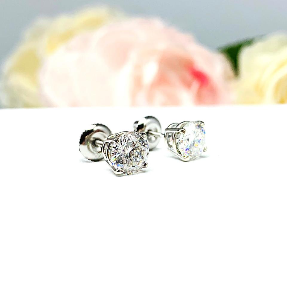 Round Portuguese Cut Moissanite Stud Earrings - 14k white gold screw back settings - Authentic stones 2 ct total