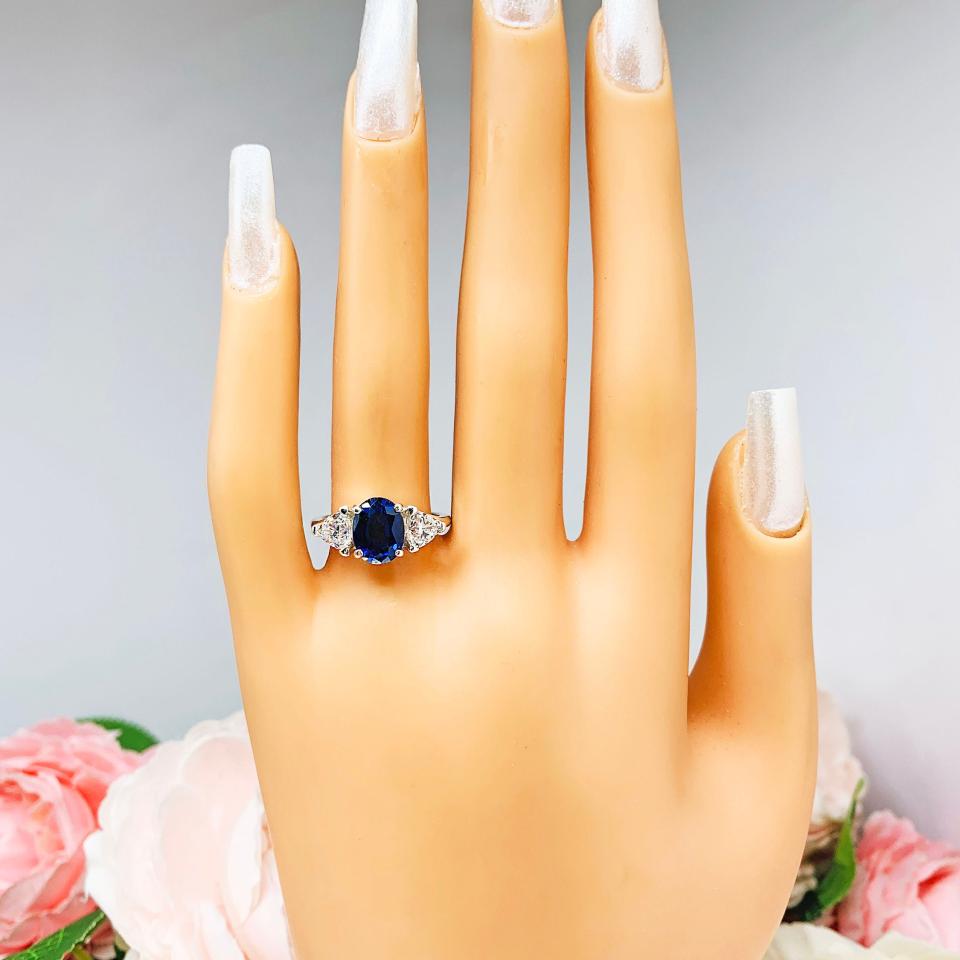 Lab Blue Sapphire Oval & CZ Trillion Ring – 8x6mm-10x8mm, Sterling Silver