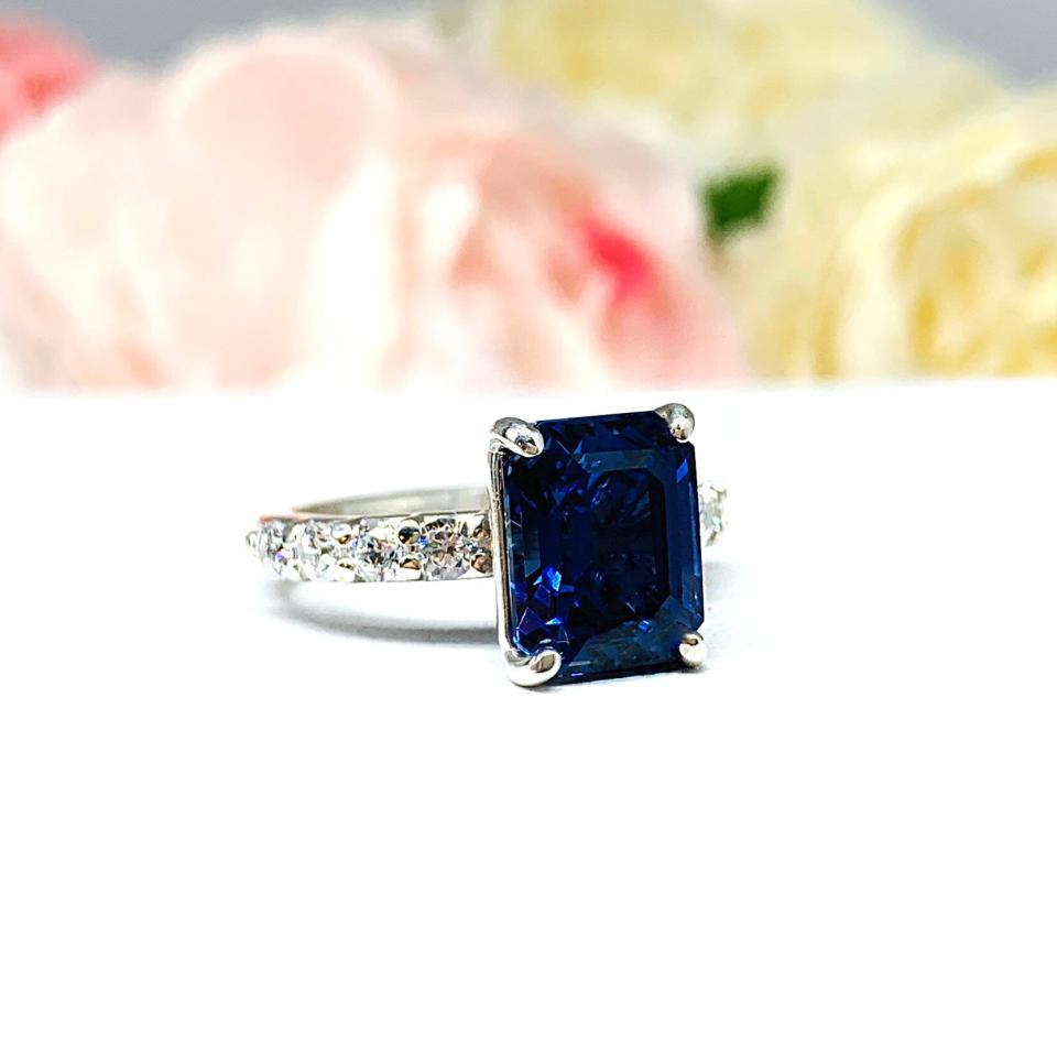 Lab Blue Sapphire Emerald Cut Engagement Ring CZ Pave Accents Sterling Silver Optional Matching Band
