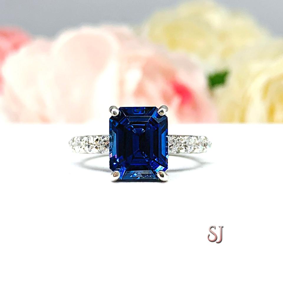 Lab Blue Sapphire Emerald Cut Engagement Ring CZ Pave Accents Sterling Silver Optional Matching Band