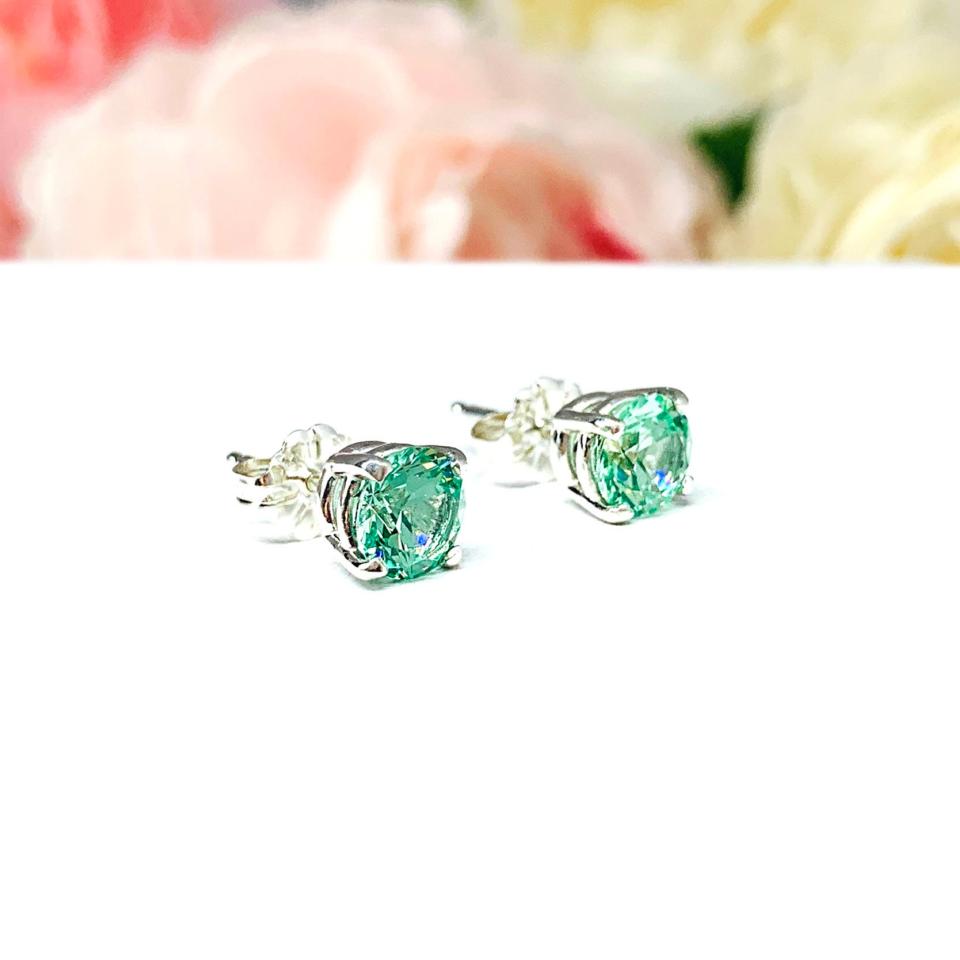 Sea Foam Green Lab Spinel Stud Earrings – 6mm Round, Sterling Silver