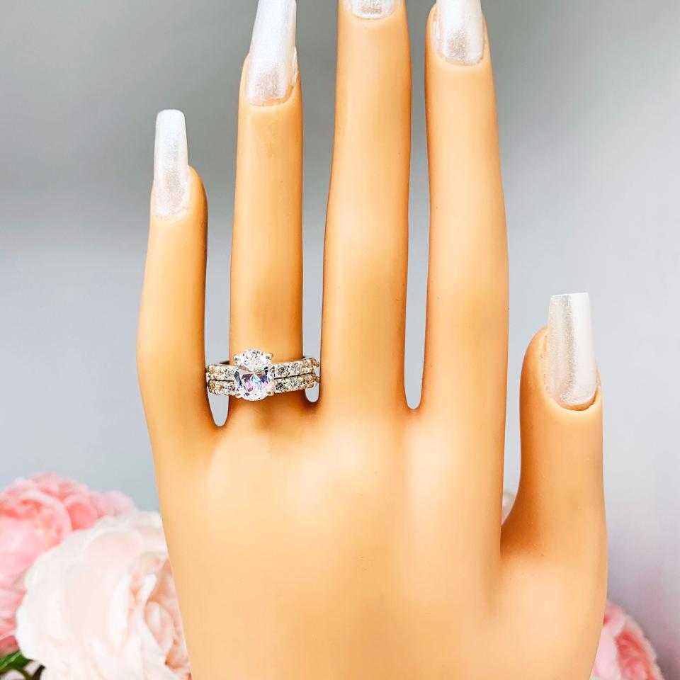 Oval CZ Pave Sterling Silver Engagement Ring Optional Matching Band