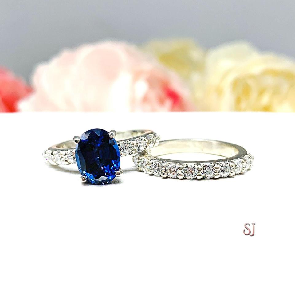 Lab Blue Sapphire Oval Engagement Ring CZ Pave Accents Sterling Silver Optional Matching Band