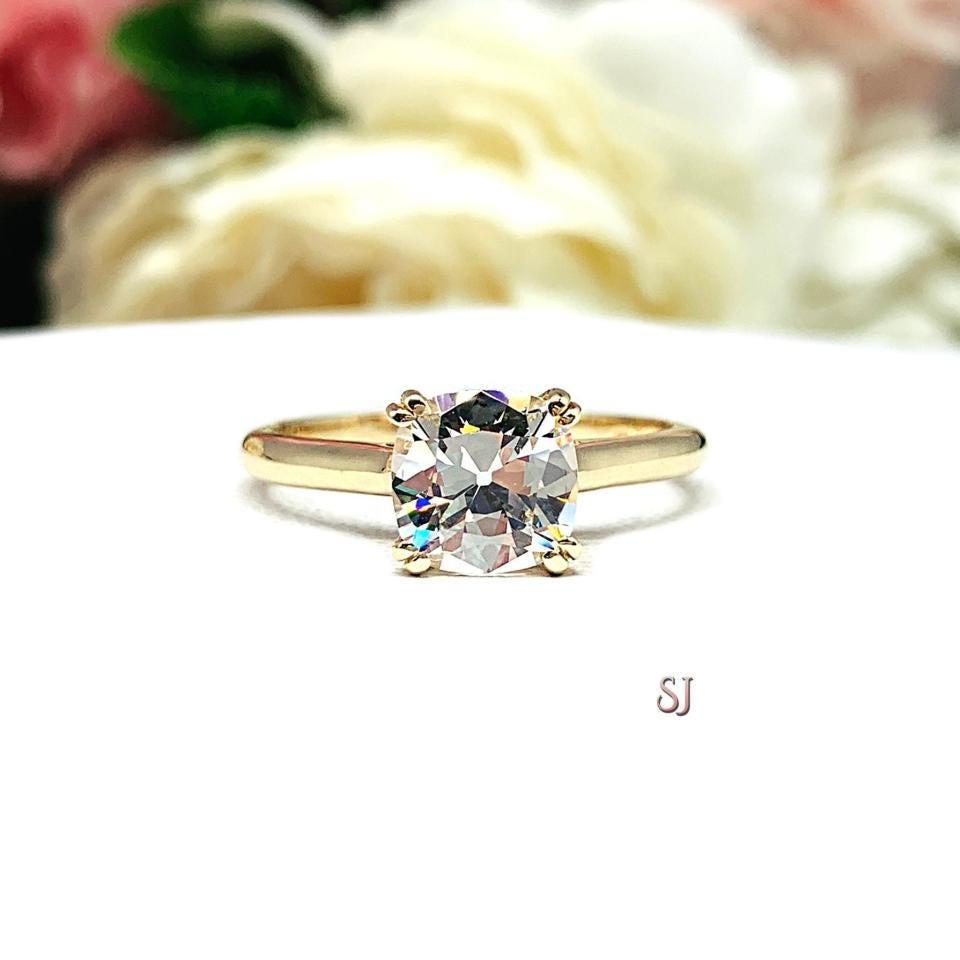 Old Mine Cut Near Colorless CZ Engagement Ring 7.5mm 2 Carats