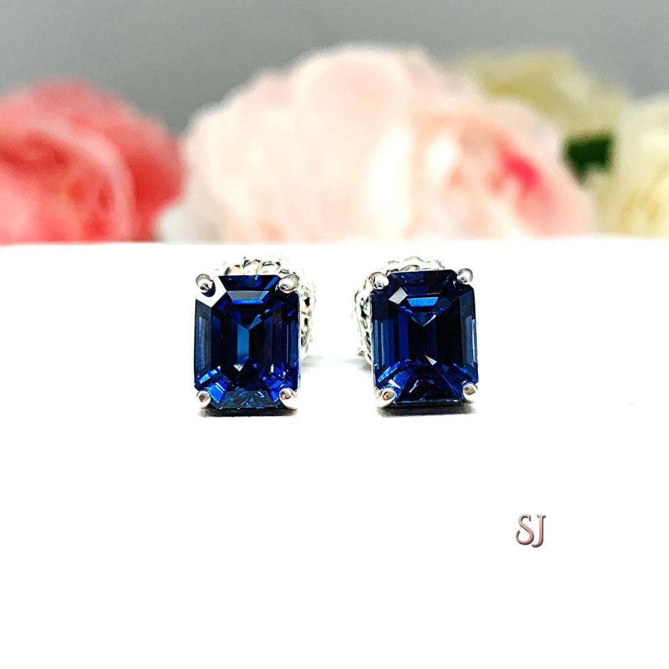 Lab Blue Sapphire Emerald Cut Stud Earrings