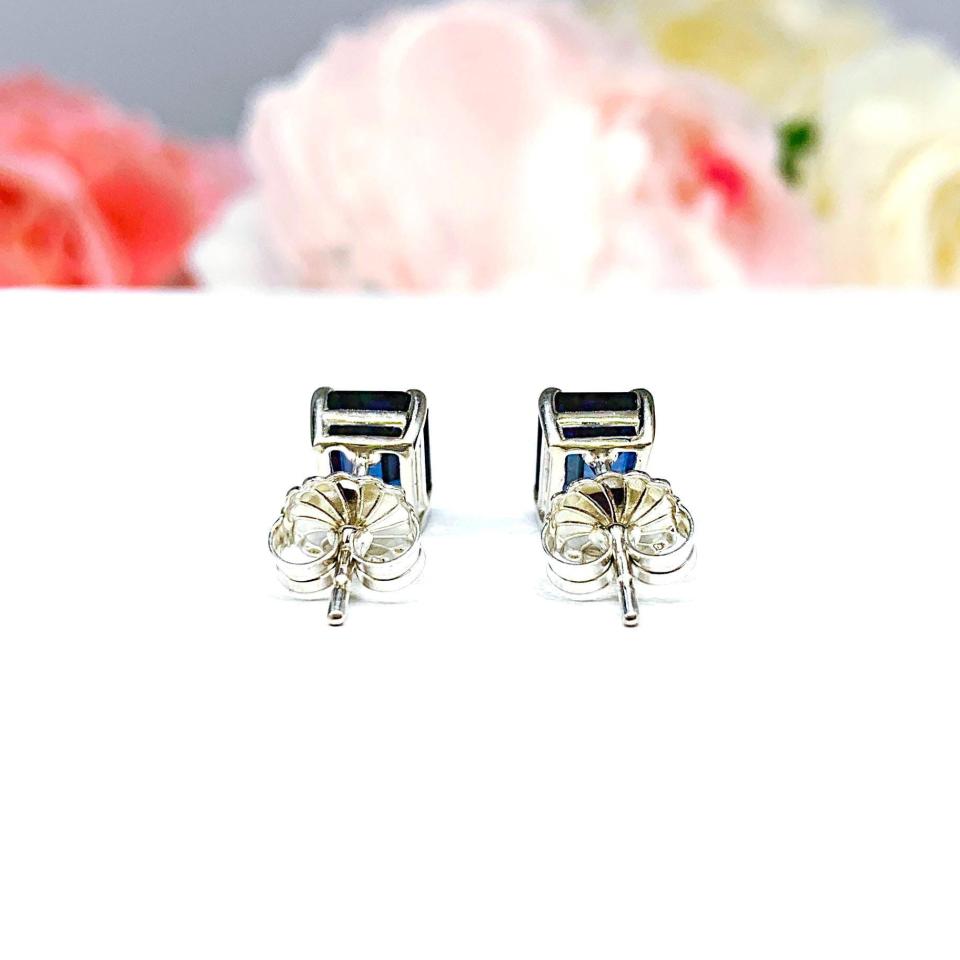 Lab Blue Sapphire Emerald Cut Stud Earrings