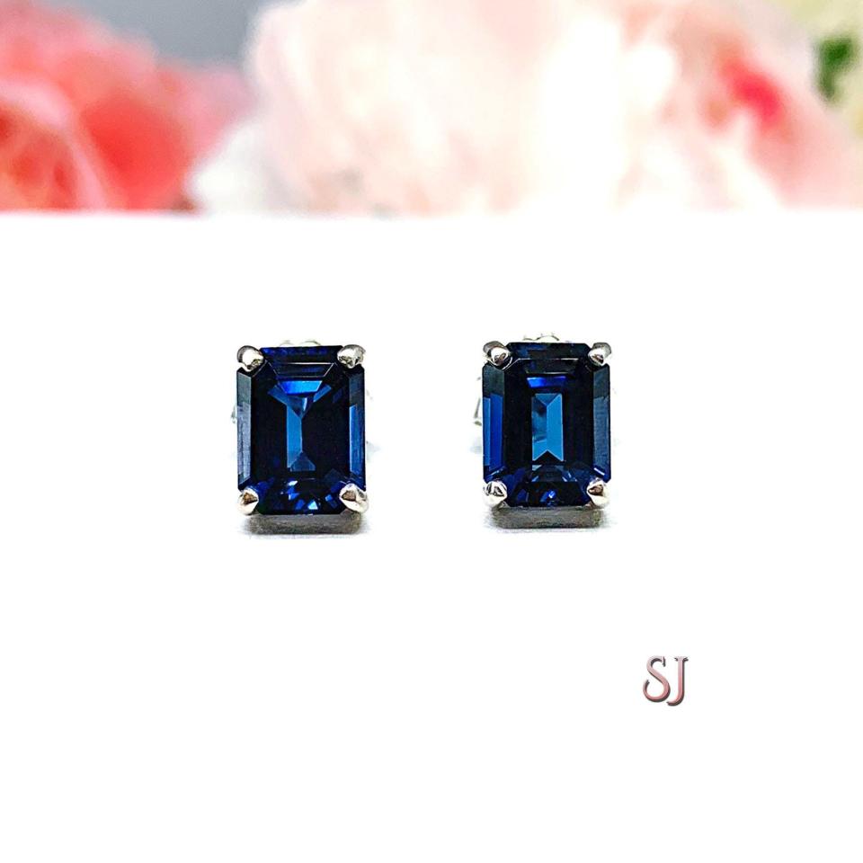 Lab Blue Sapphire Emerald Cut Stud Earrings