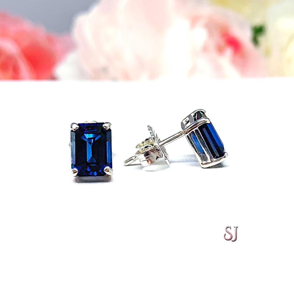 Lab Blue Sapphire Emerald Cut Stud Earrings