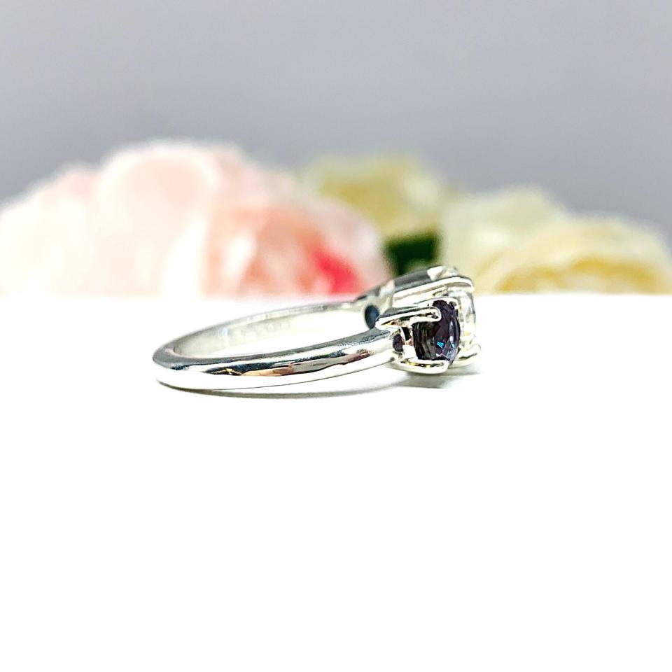 Round Near Colorless CZ Lab Alexandrite 3 Stone Engagement Ring