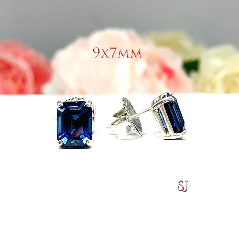 Lab Blue Sapphire Emerald Cut Stud Earrings
