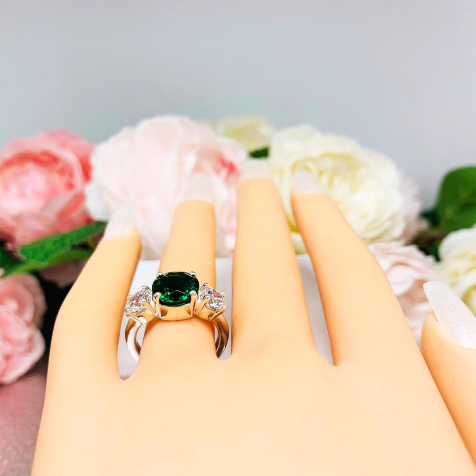 Round Lab Emerald 3-Stone Ring – CZ Side Stones, 6mm-9mm, Sterling Silver